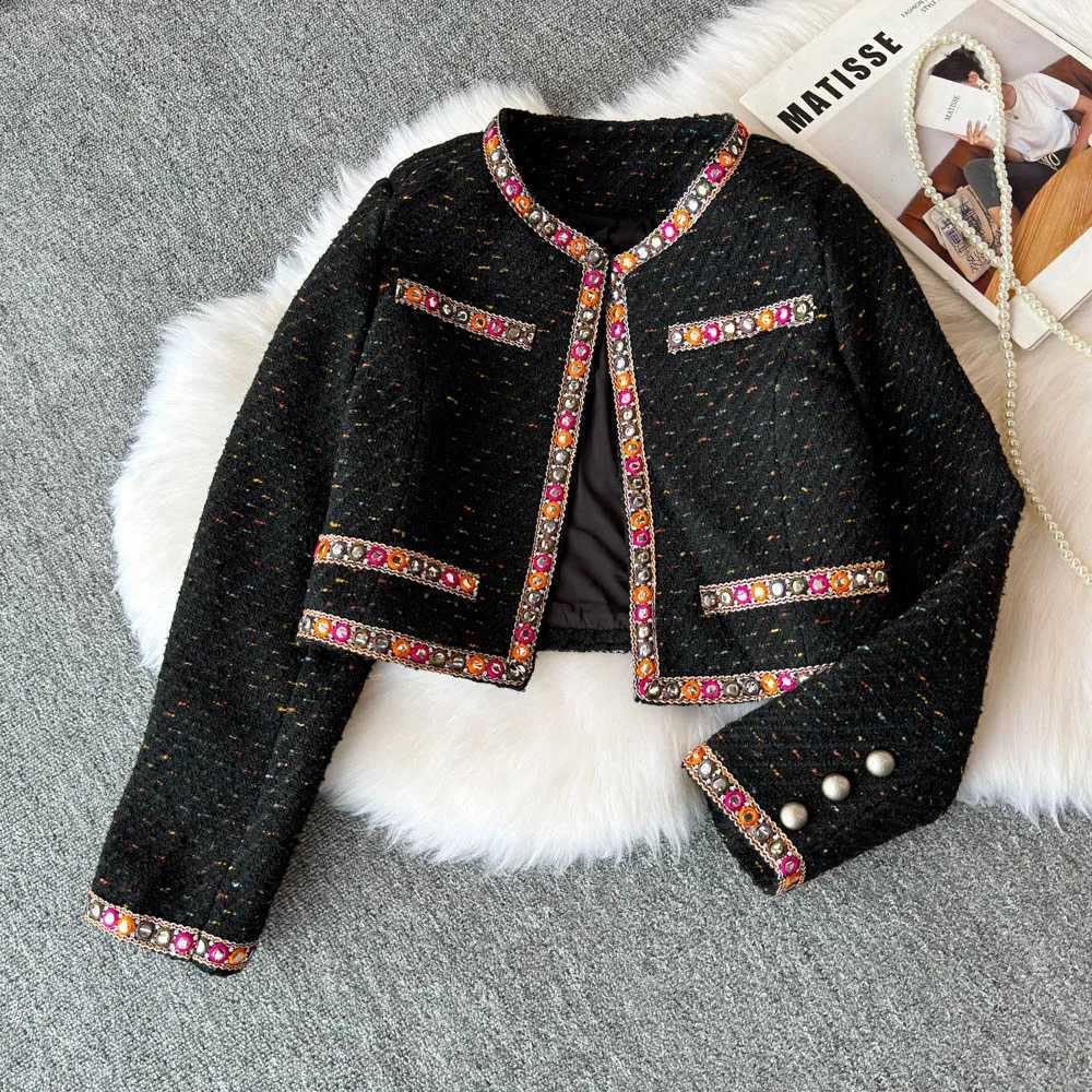 Fragrant Short Black Coat Women 2024 Winter New Collection Coarse Floral Jacket C260917