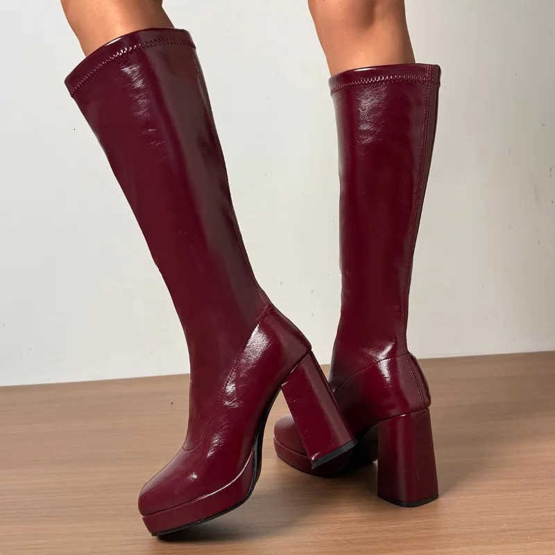 2025 Burgundy High-heeled Boots Female Popular Temperament Without Knee Knight Boots Waterproof Platform Thick Bottom D260917