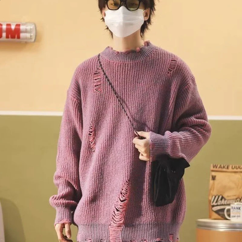 Autumn Hip Hop Ripped Sweaters For Man Korean Fashion Solid Color Retro Knitted Pullovers High Street Y2K Knitwear 260917