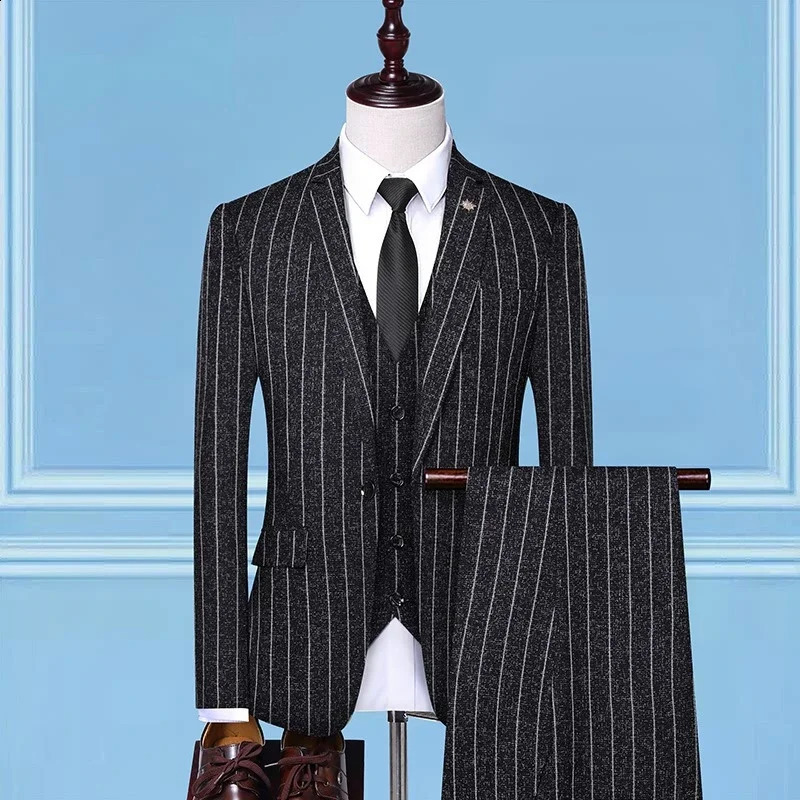 2026 Suit Blazer Vest Trousers Single Button Fashion Business Vertical Stripe Gentleman Korean Threepiece 260914