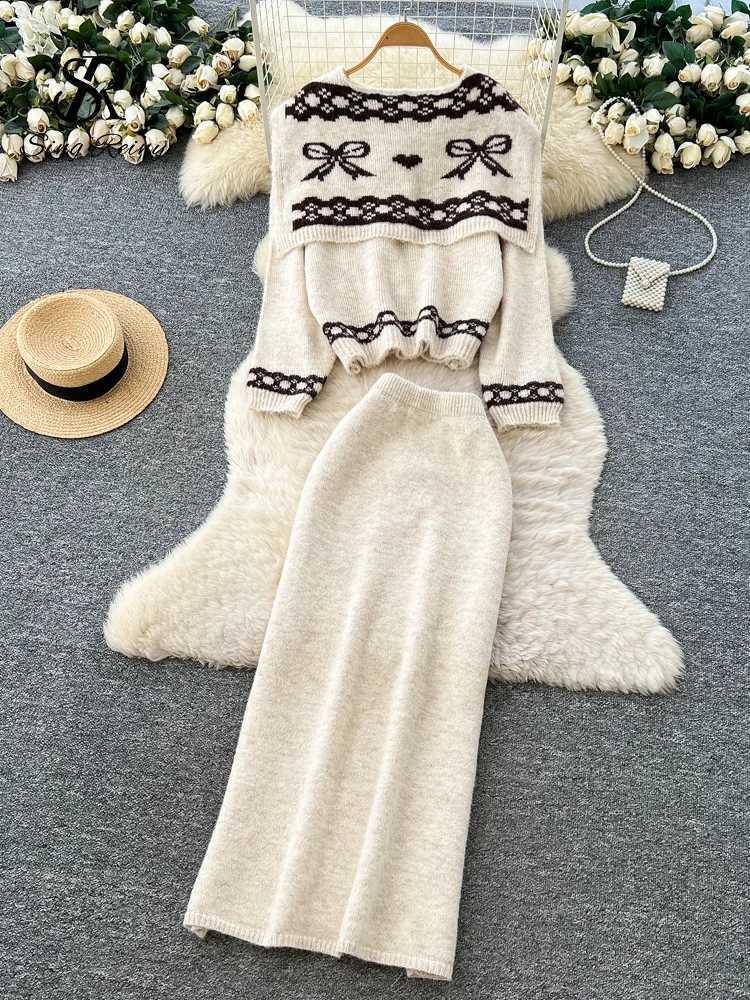 Print Casual Knitted Suits SINGREINY Autumn Women Ribbed Sweater+Matching Shawl+Straight Skirt Winter Lazy Cozy 3 Pieces SetsW260915