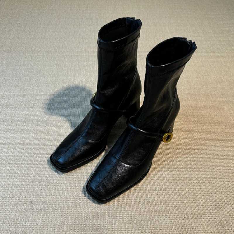 French Hot Two-tone Selling Short Boots for Women 2025 Autumn New Square Toe Rear Zipper Design Thick Heel Short Boots D260917