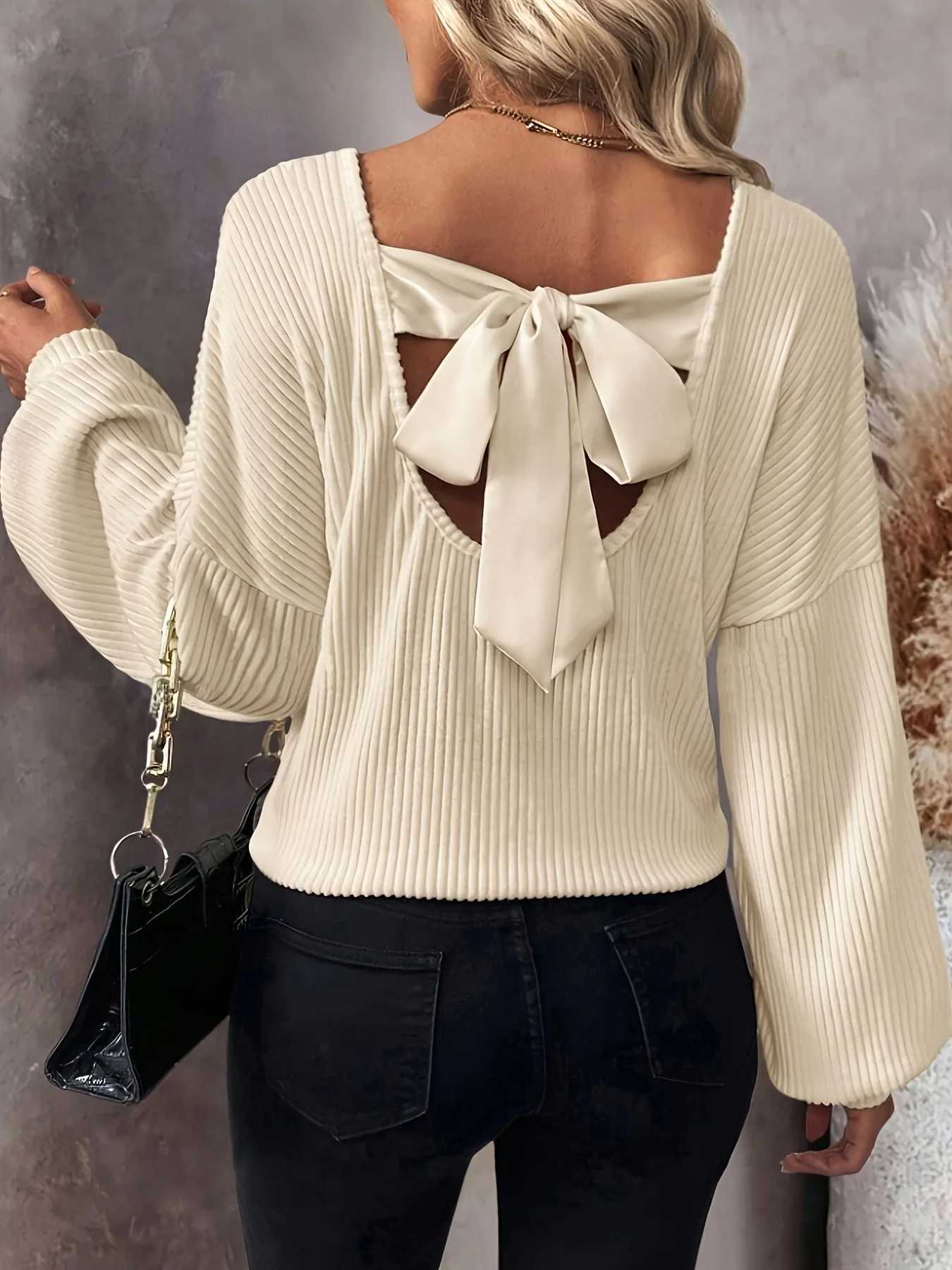 2025 Autumn Women V-nec Long Sleeve Lace-up Knitted Top Winter Solid Colo Elegant Casual Sweater Loose Pullover Knitwear S260917E7ER