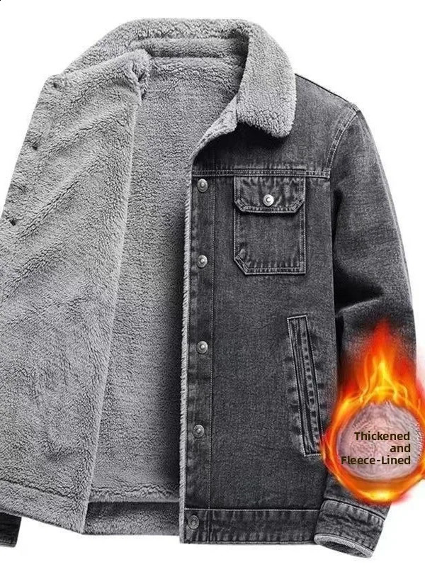 Men's Fleece Lined Thickened Denim Jacket Winter Casual Lapel Workwear Wear Resistant Leisure Coat Sheepskin Fur Vestibule 260916