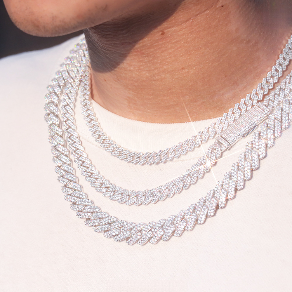 Vvs Moissanite Diamond 2Rows Necklace 8mm-15mm Wide S925 Solid Silver Hiphop Cuban Link Chain Fashion Jewelry