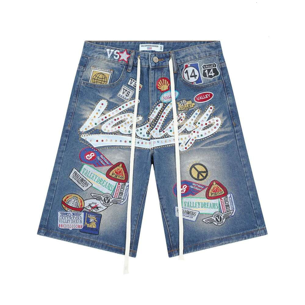 Valleys Dreams Jorts Men Women Washed Drawstring Denim Shorts Designer Pants Rhinestone Letter Graphic Embroidery Badge Patches Vintage Hip Hop Y2k