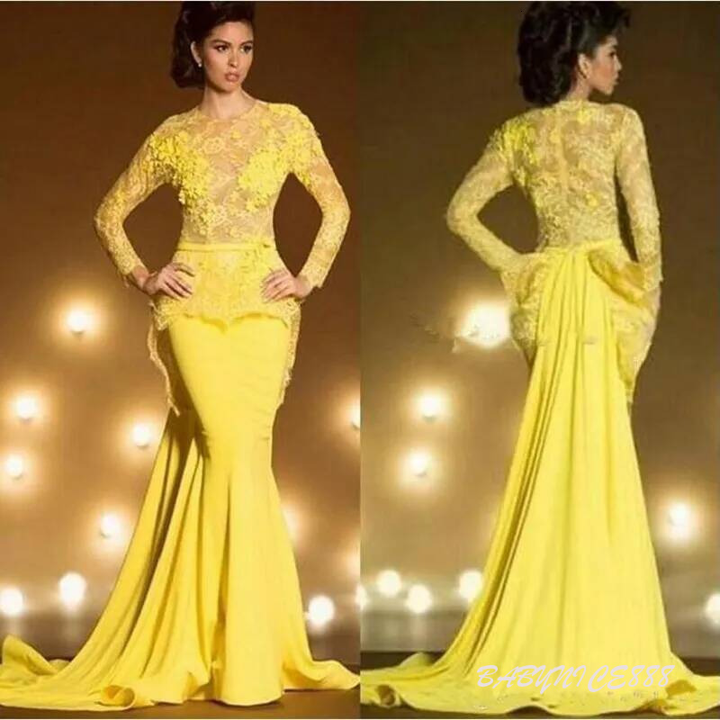Saudi Arabia Dubai Mermaid Evening Dresses Sexy Yellow Formal Prom Gowns Kaftan Lace Long Sleeve Robe De Soiree