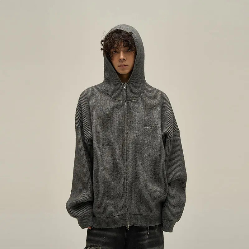 Hip Hop Pocket Zipper Hooded Sweater Jacket Men Women Autumn Winter Streetwear Loose Couple Knitted Cardigan Aesthetic Urban Top 260917