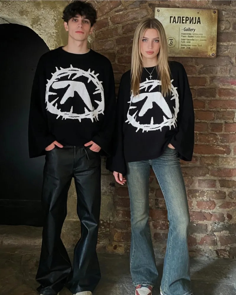 Y2K Retro Men's Sweater Aphex Twin Knitt Graphic Oversized Baggy Pullover Goth Jumper Street Women Tops Clothing Unisex Hip Hop 260917