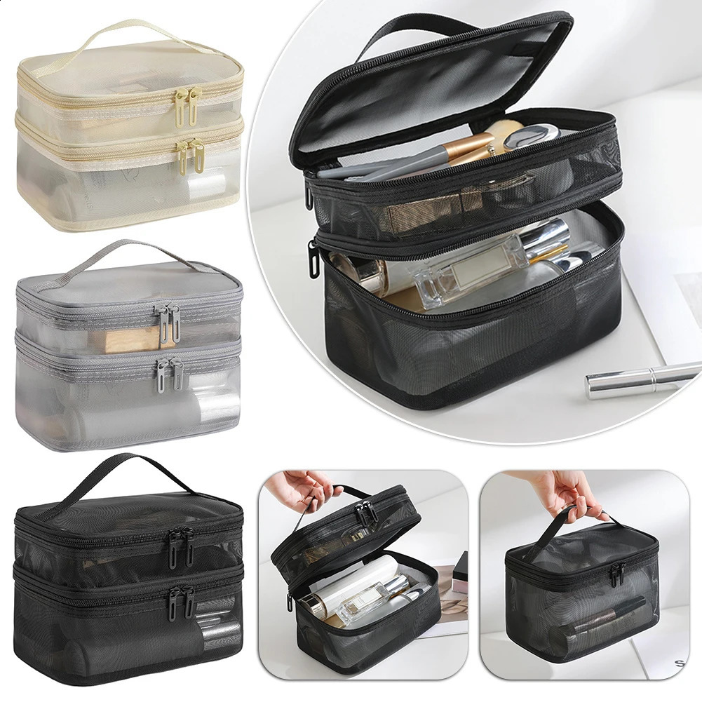 Double Layer Mesh Cosmetic Bag Women's Portable Makeup Toiletry Organiser Pouch With Zipper Large For Business Trip 260917