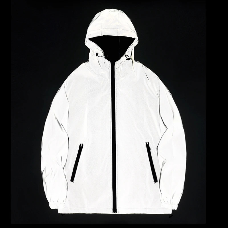 SIZE Night Reflective Jackets Double Fabric Windbreaker Hooded Jacket Men Hip Hop Dancer Waterproof Zipper Coats Outwear 260916