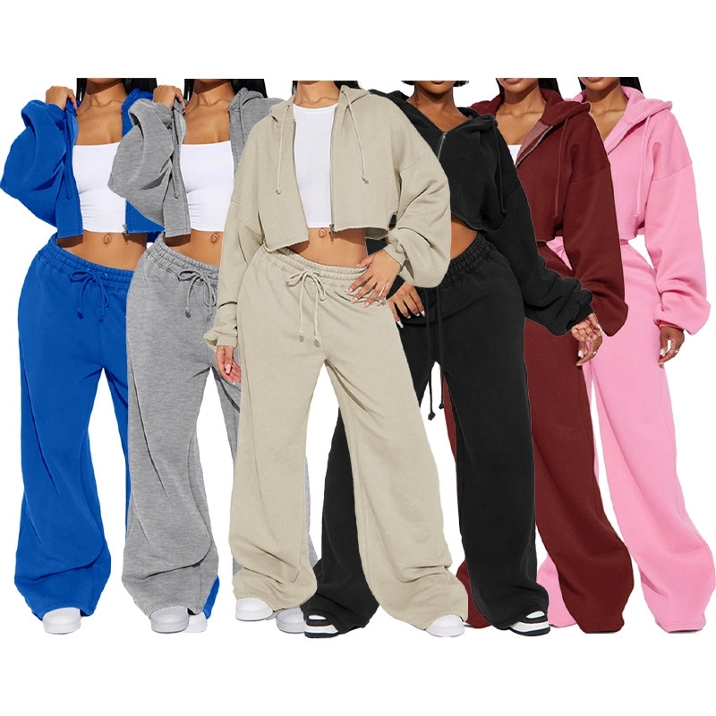2026 New Fashion Tracksuit Womens Autumn Winter Two Piece Set Puff Sleeve Crop Top Hooded Hoodie Coat And Drawstring Loose Wide-leg Pants Casual Tra