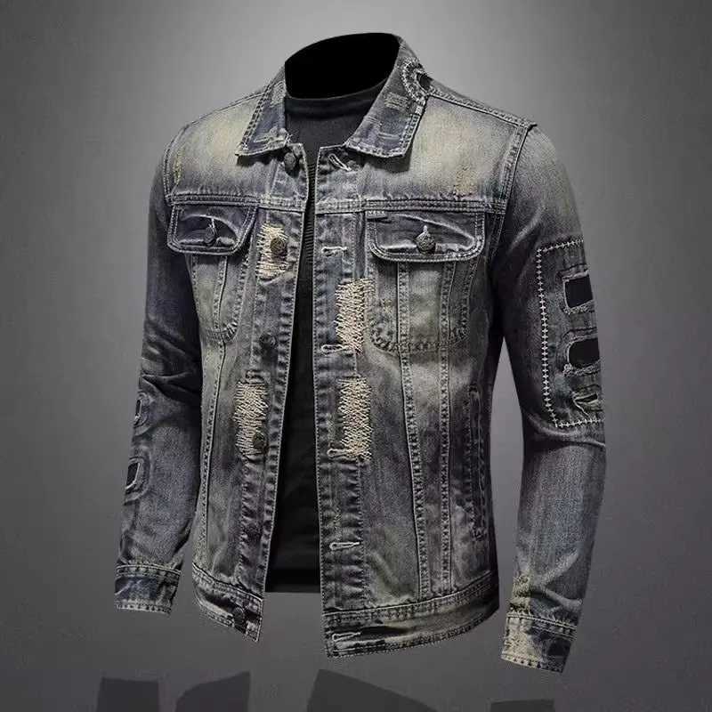 Mens Vintage Denim Jacket High Strt Trend Loose Strtwear Riding Biker Coat Casual Lapel Button Down Fashion Outwear S2609179HBS
