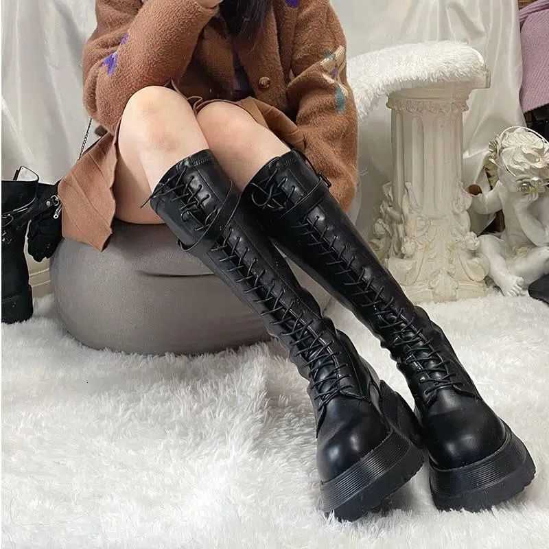 For Shoes Footwear Woman Lace-up Platform Women's Boots With Laces White Long Winter Knee High Shaft Sale Hot Stylish Goth D260917