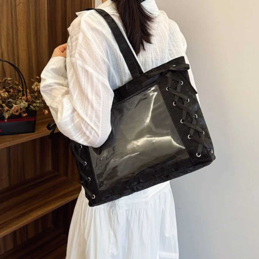 Casual Lace-up Simple Itabag Cross Ribbon PU Transparent Pocket Tote Bag Badge Display Solid Color Shoulder Bag Women H260916