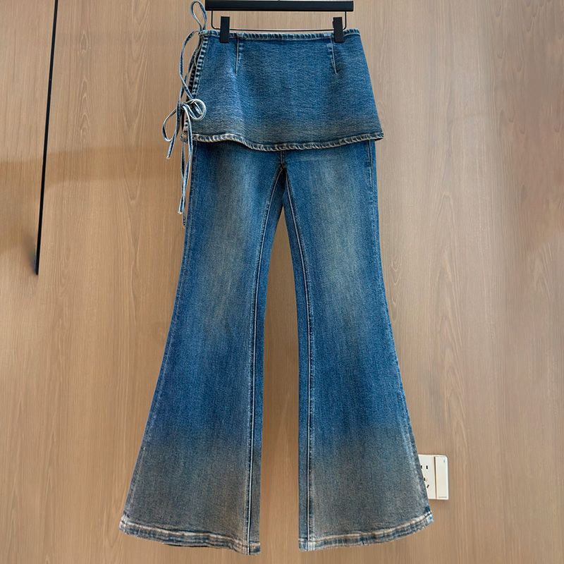 Vintage Flare Jean For Women Denim Washed High Waist Skirt Overlay Side Tie Fitted Pants Summer Casual Elegant Commute Trousers