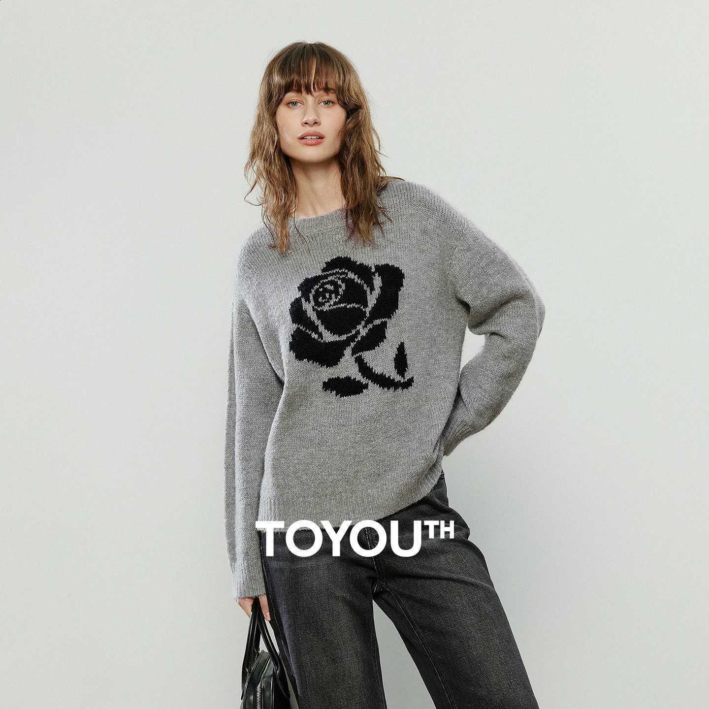 2025 Sweaters TOYOUTH Women Winter New Rose Jacquard Wool-blend Retro Crew-neck Loose Drop-shoulder Tops J260916