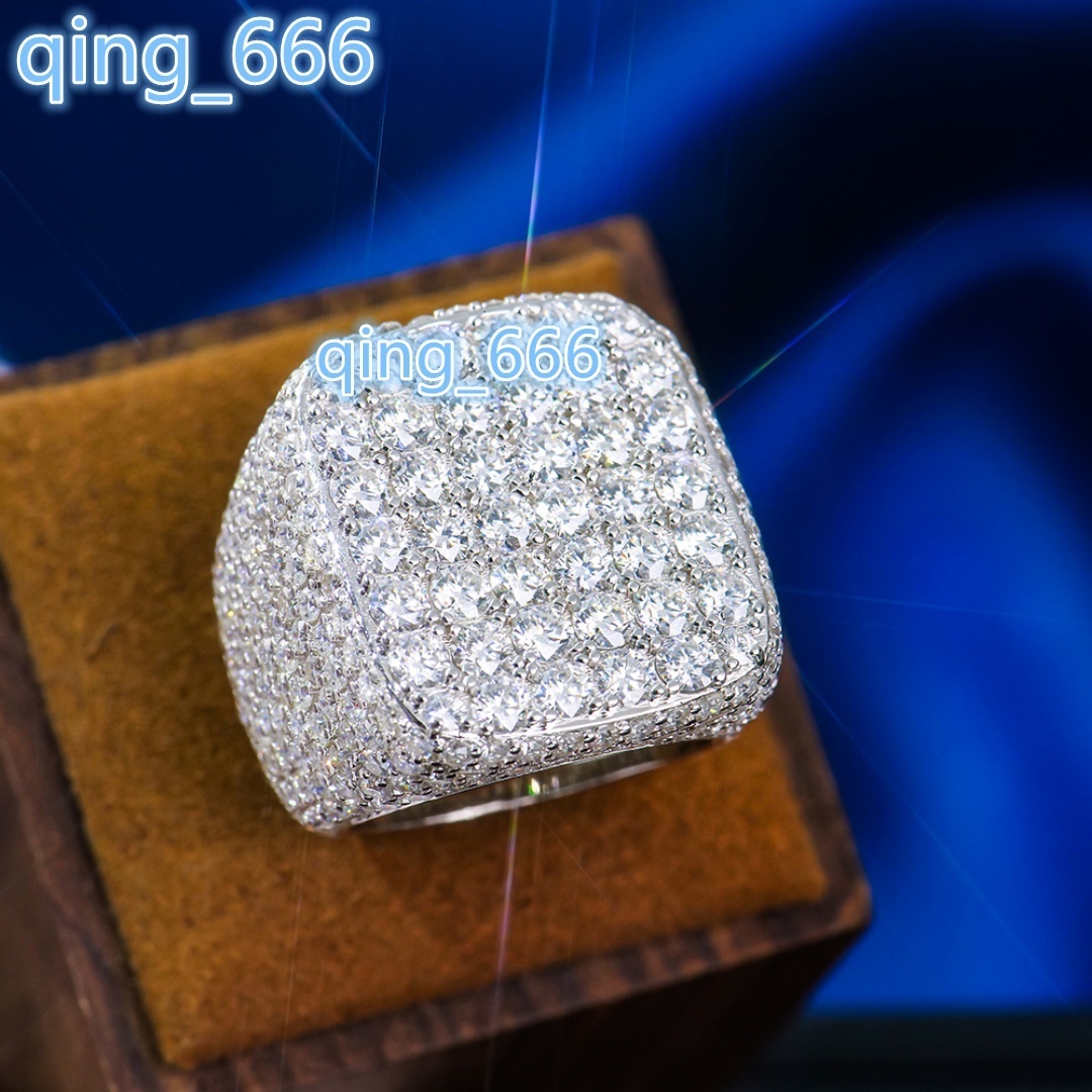 925 Sterling Silver White Gold Plated Durable Full Iced-out GRA Certified Hip Hop Style Pave Setting Moissanite Punky Ring
