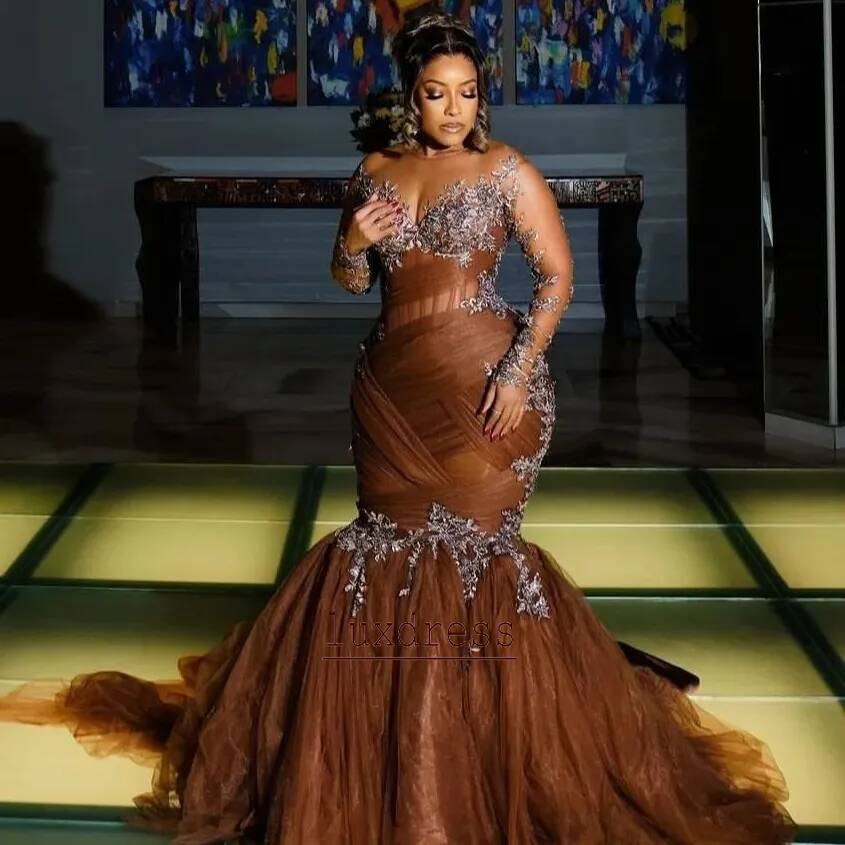 2026 Plus Size Chocolate Illusion Mermaid Evening Dresses Special Occasions Lace Tulle Prom Party Birthday Gowns Dress For Women Vestidos de novia