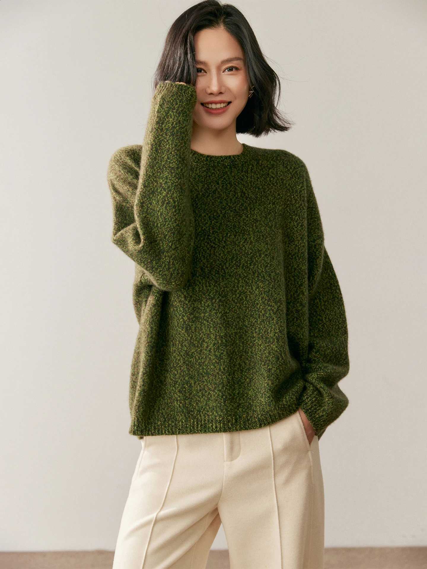 Pullover O-Neck Women's Knitted 100% Cashmere Sweater with Floral Yarn Design Basic Style Loose Fit Casual Fashion Top J260916