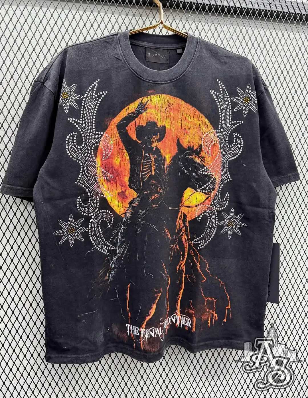 Retro Fashion "Skeleton Knight" Letter Pattern Oversized Cotton Short Sleeved Street Casual Black Top X260916
