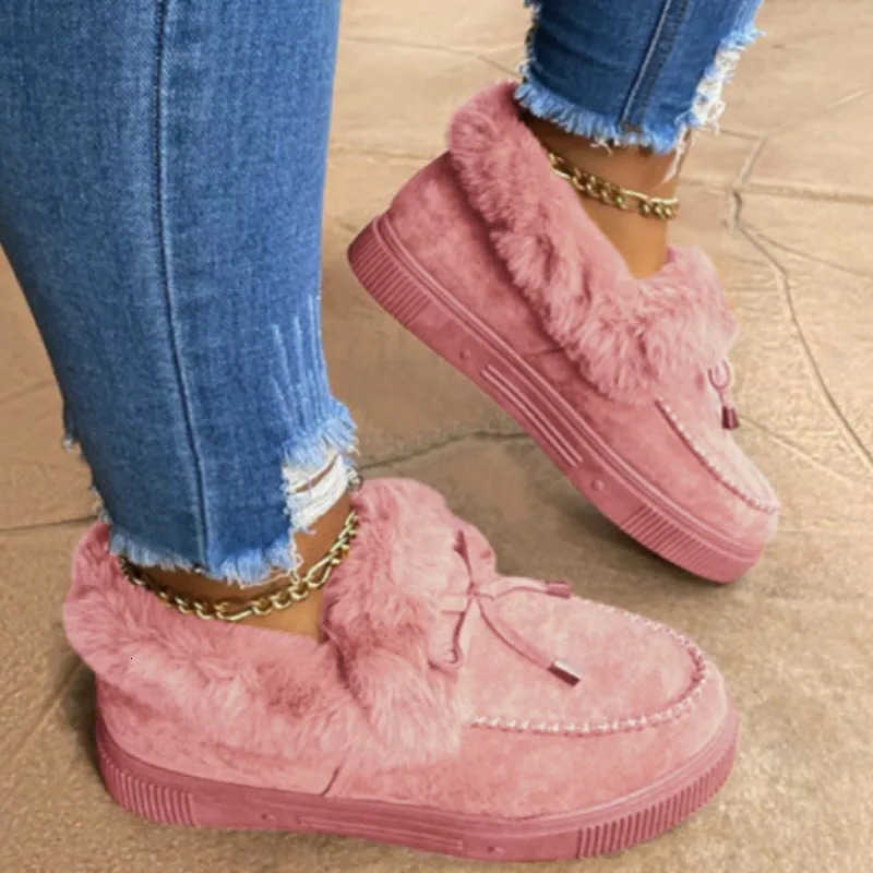 Solid Color Furry Females Feetwear Women Winter Cotton Shoes Plush Warm Snow Boots Ladies Casual Flat Short Boots 2023 D260917