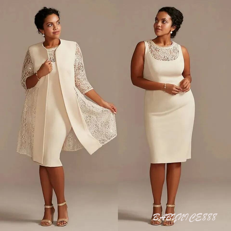 Mother's Dresses Ivory Mother Of The Bride Scoop Knee Length Plus Size Custom Zipper Up New Formal Straight Satin Lace With Jacket 3/4 Long Sle