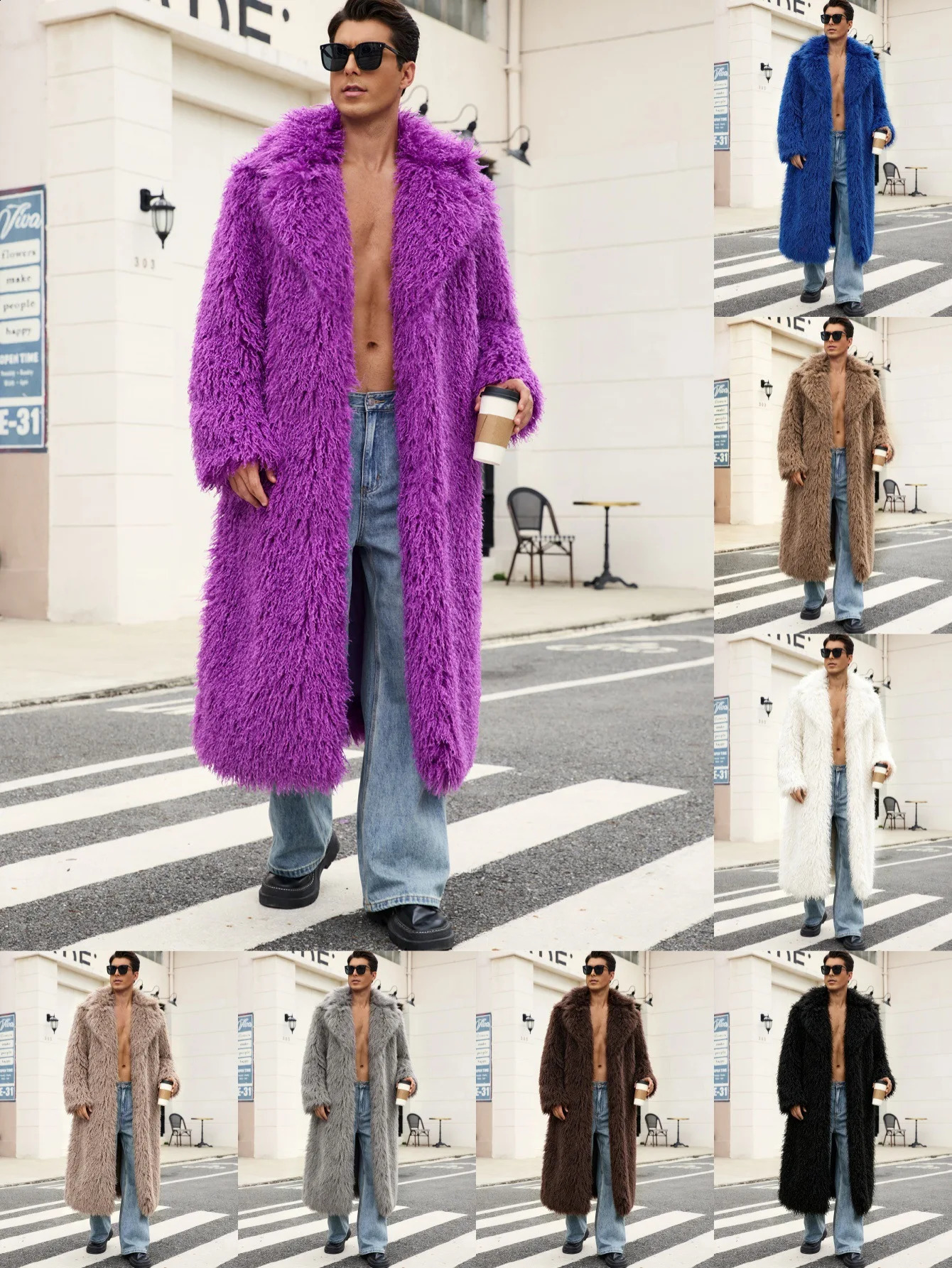 Men's Autumn Winter Faux Fur Coat with Suit Collar Ultra Long High Street Style Beach Wool Blend Outerwear 260917