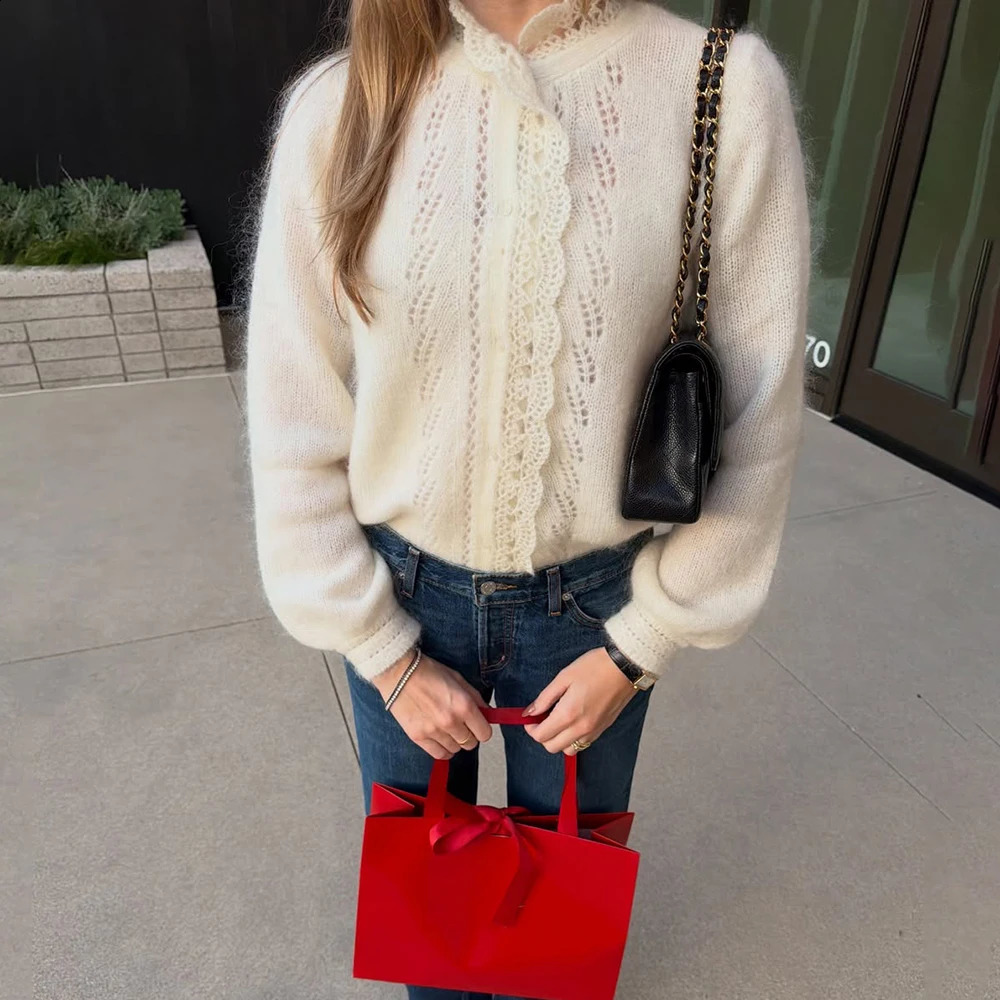 Talenza White Women's Cardigan Fashion Lace Hollow Out Casual Oversized Spring Sweaters Chic Commuter Streetwear Female Jumpers 260917