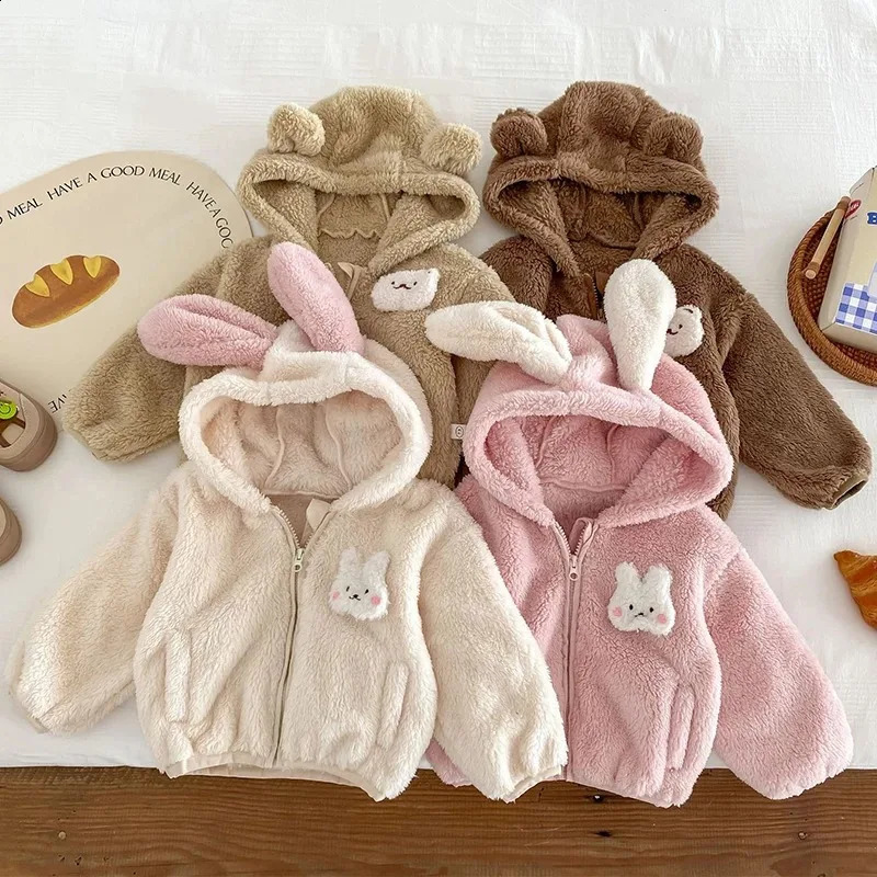 Plush Baby Girls Boys Jacket Spring Autumn Keep Warm Zipper Hooded Outerwear Cute Rabbit Bear Infant Coat 0-5 Years Kids Clothes260916