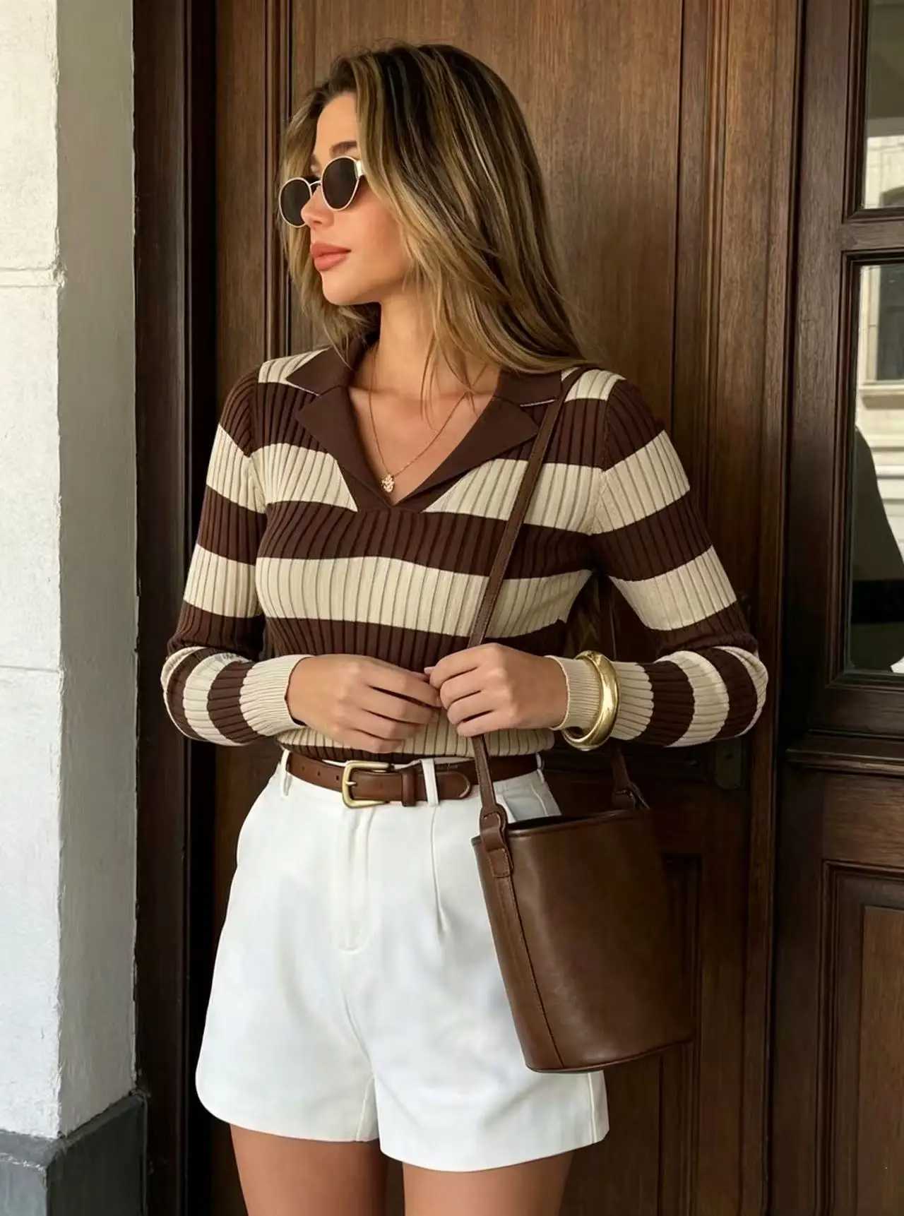 Women's Vintage Striped Polo Collar Knit Top Long Sleeve Ribbed Slim Fit Pullover Sweater Commuter Blouse S260917XFZW