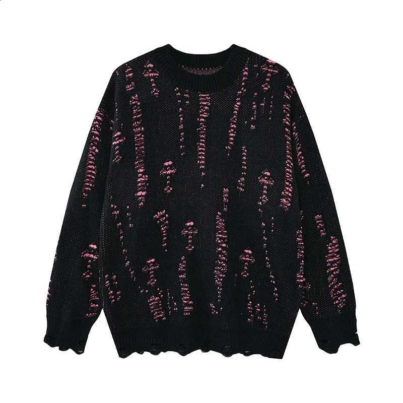 Hole ABOORUN Men's Color Contrast Sweaters Streetwear Cotton Pullover Knitwear for Male J260916