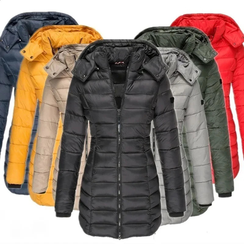 Winter Thicken Warm Women Parkas Solid Color Zippers Coats Long Sleeve Padded Puff Jacket MidLength Slim Female Hoodie Parkas 260917