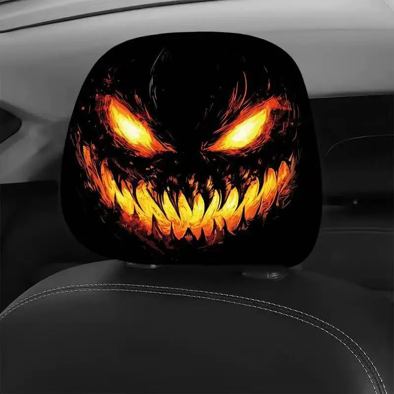 2Pcs Halloween Horror Pumpkin Car Headrest Covers Double Sided Print Universal Auto Neck Pillow Cover Stylish Car Interior Decor 260916