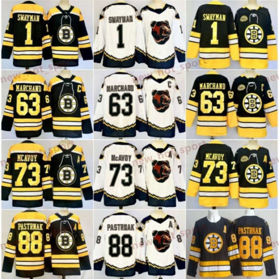 Mens 2025 New Hockey Jerseys 1 Jeremy Swayman 63 Brad Marchand 73 Charlie Mcavoy 88 David Pastrnak White Black Shirts Stitched