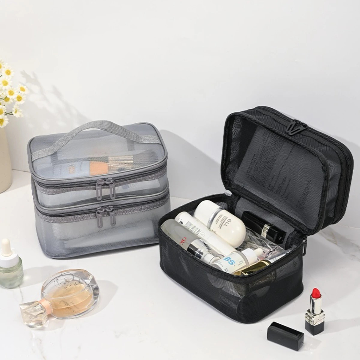 Portable Handheld Clear Mesh Cosmetic Bag Large Capacity Partition Storage Wash Elegant Travel Makeup Organizer 260917