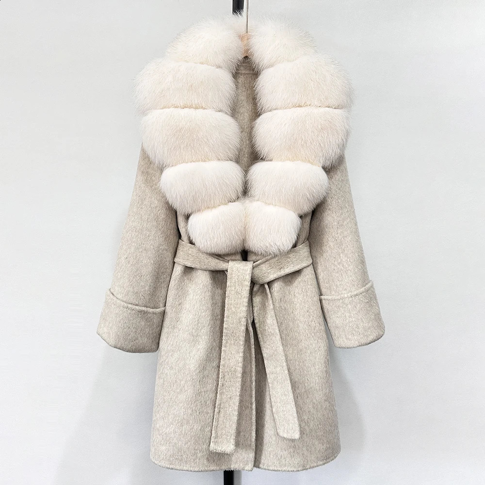 GENHUA 2025 Winter Cashmere Wool Blend Natural Fur Collar Cuffs Slim Fit Suit Double Sided Woolen Trench Coat 260917