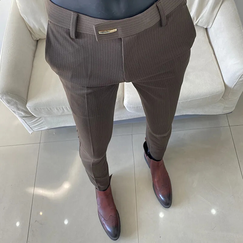Spring Trousers for Men Slim Fit Straight Leg Highend Feel Business Casual Pants Striped Elegant Formal Dress Long 260917