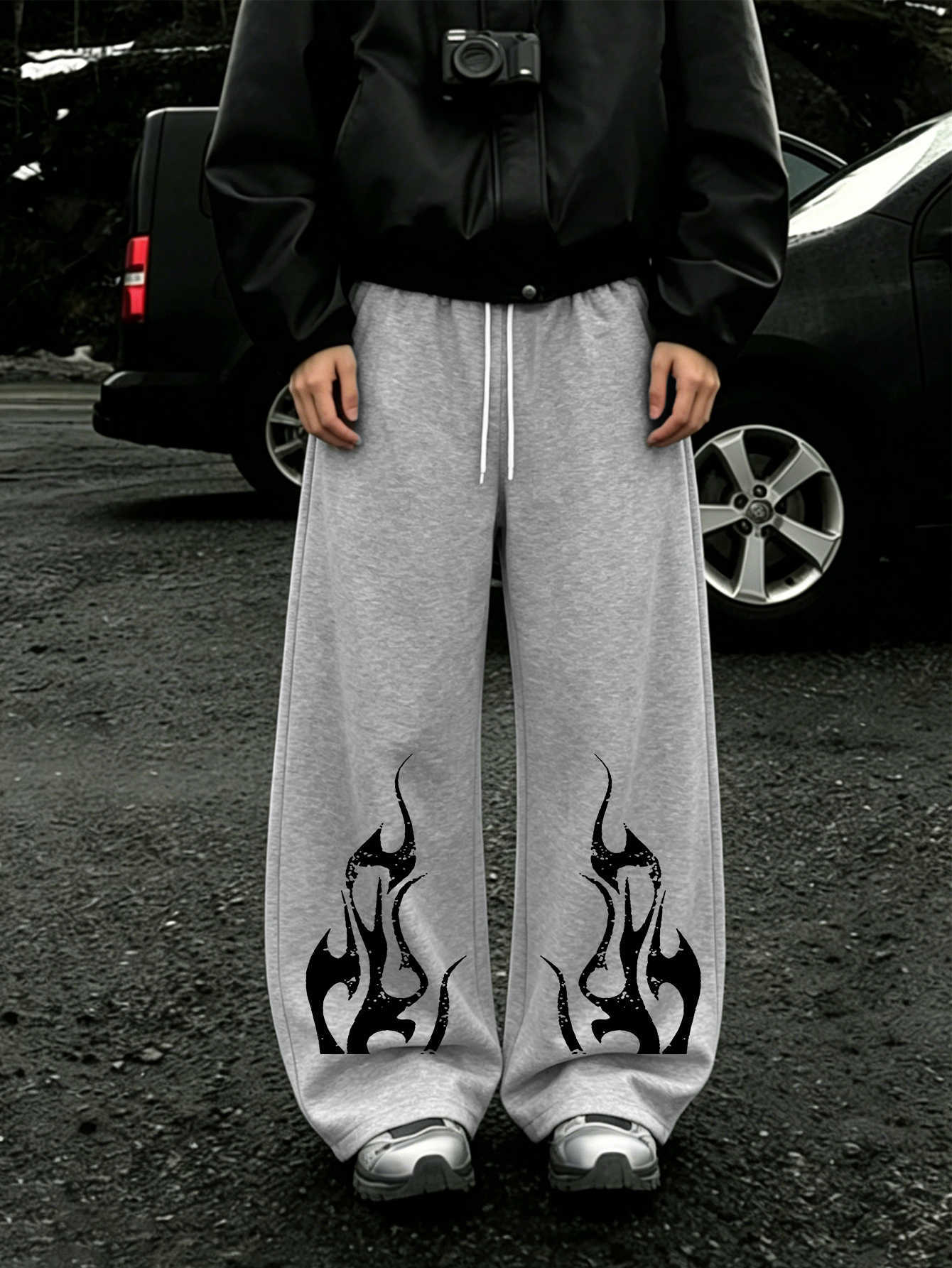 Y2K Dark Men Streetwear Sweatpants Vintage Distressed Flame Symmetrical Double Side Print Loose Drawstring Wide LegJogger PantsT260917