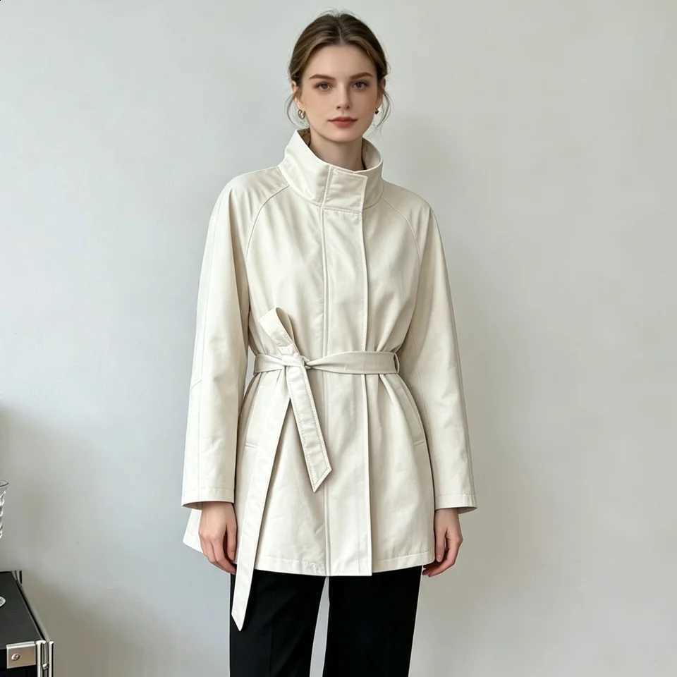 Collar RU Stand Raglan Sleeve Wind Coat Self Tie Belt Waist Trench Jacket Minimalist Outerwear Suitable For Casual Office Wear C260917