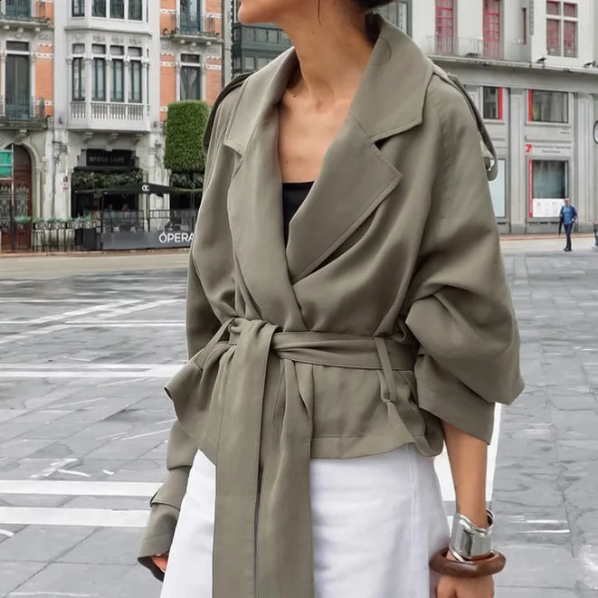 Womens Cropped Trench Coat Lapel Belted Waist Jacket Loose Fit Drop Shoulder Short 260916