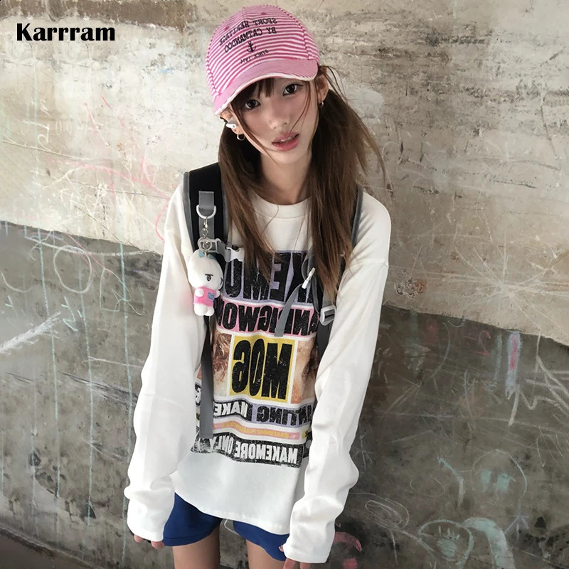 Karrram Japanese Y2k Letter Print Tshirt 2000s Aesthetics Graphic Long Sleeve Tshirt Vintage Harajuku Streetwear American Retro 260916