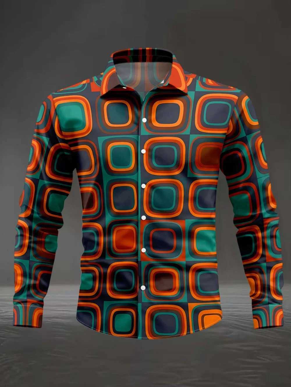 Vintage 70s Disco Party Men's Long Sves Shirt Fashion Casual Button Geometric Shape Print Machine Washable Y2k Men Clothing Q260917