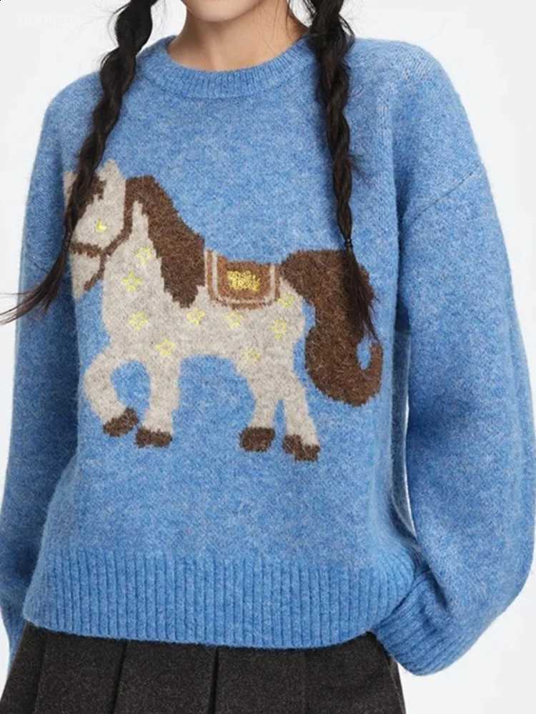 Jacquard Pony Korean Cartoon O Neck Long Sleeve Loose All Match Knitted Women Clothing J260916