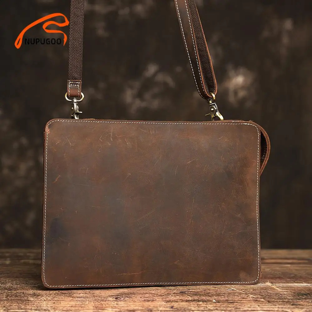 NUPUGOO Slim Shoulder Bag Men's Genuine Leather Retro Crossbody Daily Cowhide Messenger Clutch Office 260917