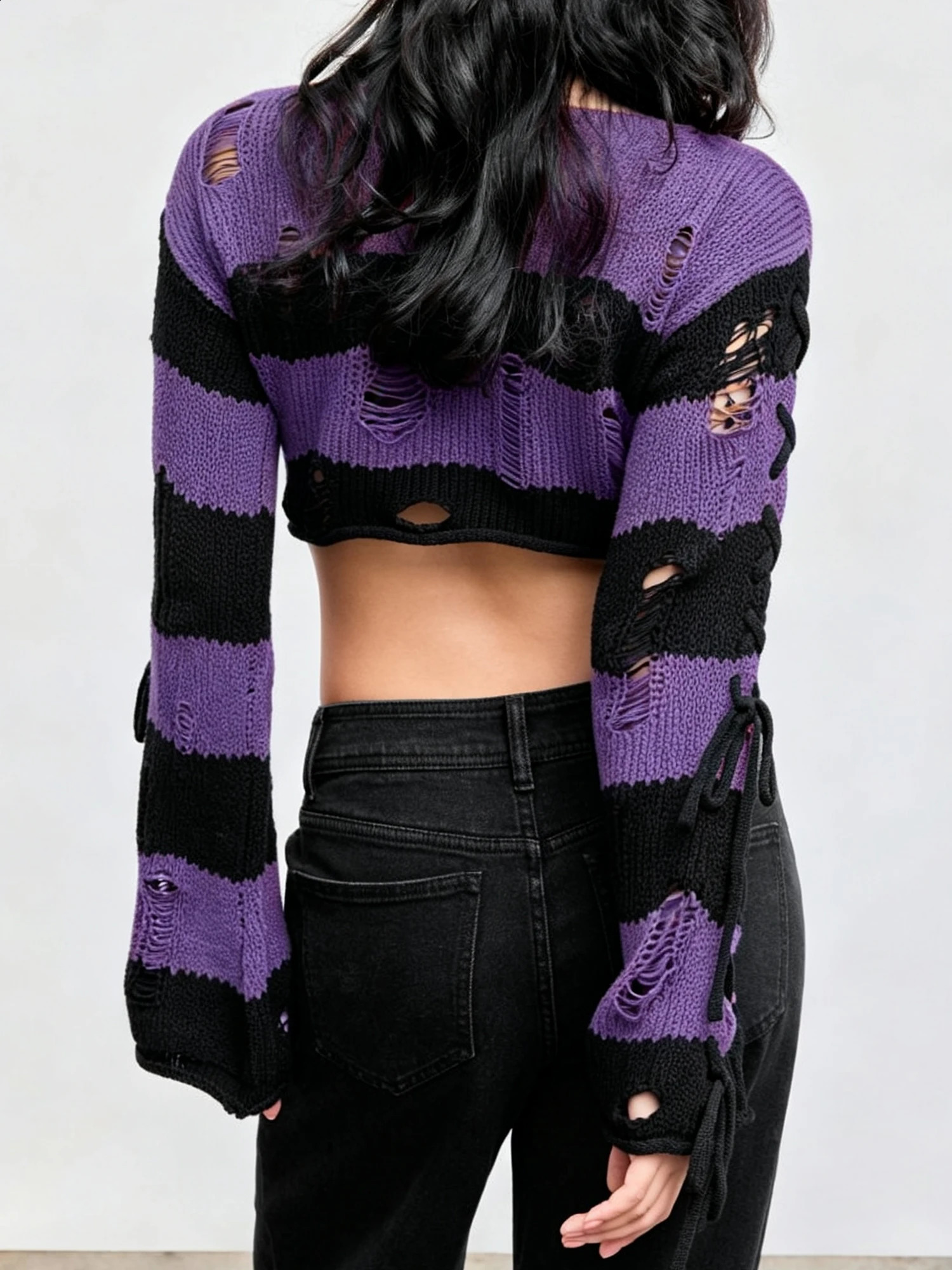 2027 Early Autumn Womens CrewNeck LongSleeve Ripped Knit Pullovers Tops Casual Loose Striped Print Halloween Warm Sweater 260917