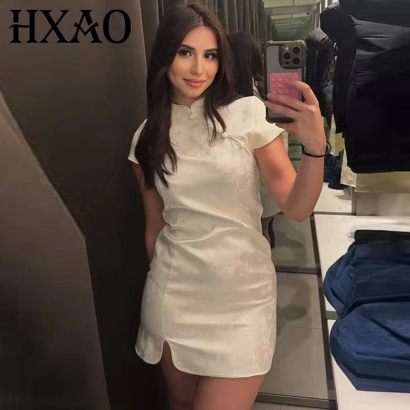 HXAO Mini Satin Jacquard Dresses Women's Dress Summer Chic Party Dresses Short Sleeve Bodycon Dress Chinese Style Vestidos 260917