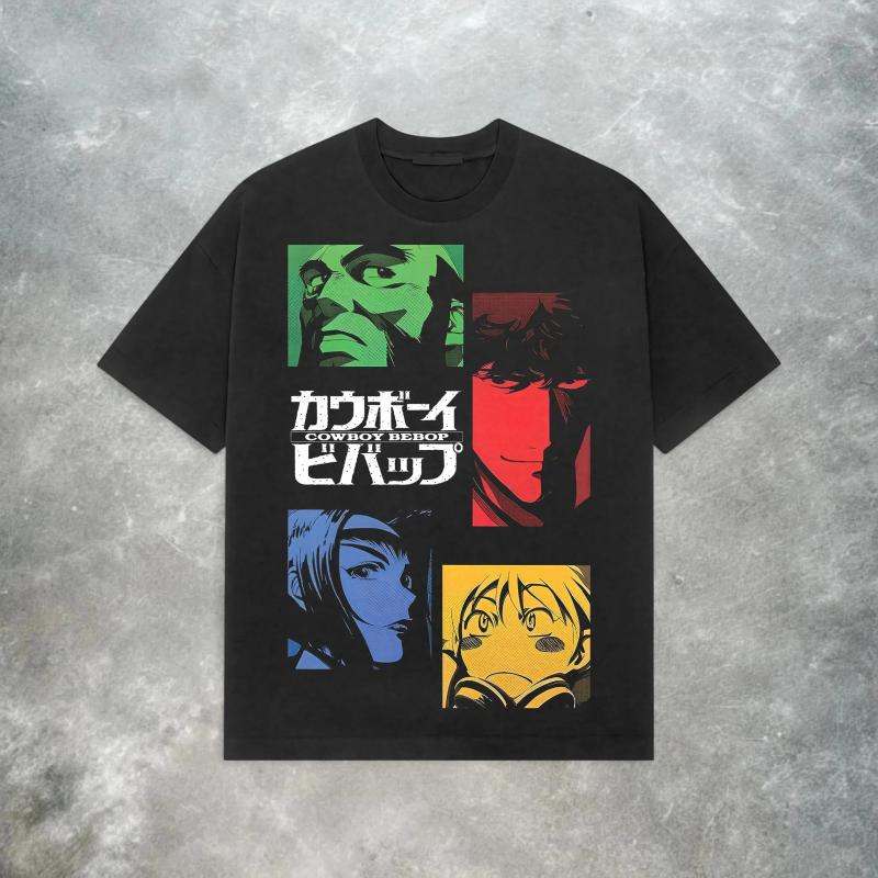 Men's T Shirts Cowboy Bebop Anime Character Grid Graphic Shirt Retro Oversized Cotton Casual Short Sleeve Unisex Streetwear Tee