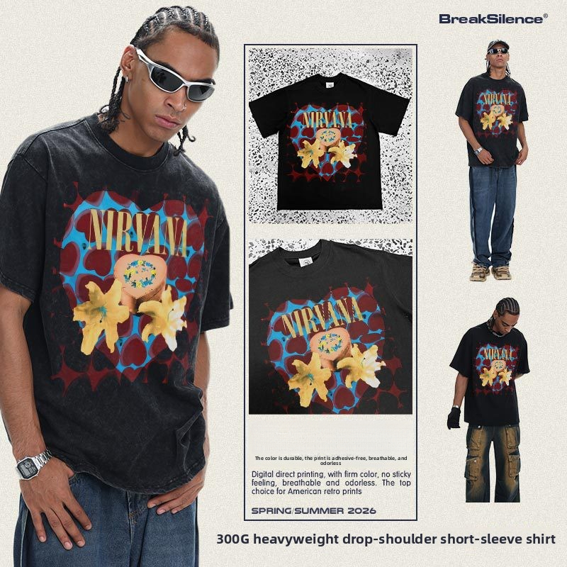 Designer Spring/Summer Nirvana Heart-Shaped Gift Box American Style Pure Cotton T-Shirt for Men, Direct Print, Breathable Summer Short Sleeve