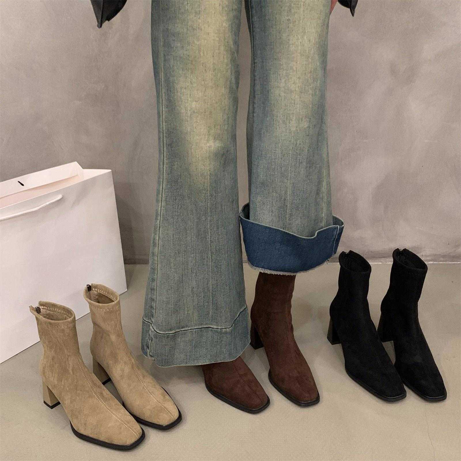 Square Head Sexy Suede Casual Work Boots for Winter Comfortable Zipper Banquet Elegant High Heels Women's Boots D260917
